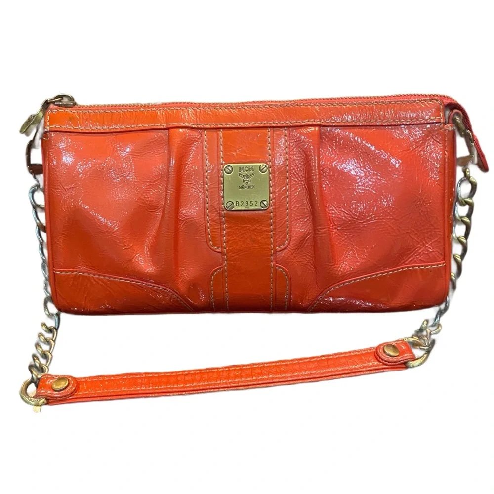MCM Orange Leather Clutch with Chain Strap